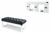 Ławka Pufa Pikowana Ekoskóra Czarna Guzik Tapicerowany LPP-4 + Wieszak Ścienny WDC-22 Kolory Emra Wood Design