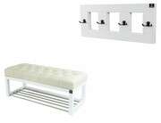 Ławeczka Pufa Pikowana Ekoskóra Ecru Guzik Tapicerowany LPP-4 + Wieszak Ścienny WDC-17 Kolory Emra Wood Design