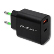 Qoltec Ładowarka sieciowa | 18W | 5-12V | 1.5-3A | USB typ C PD | USB QC 3.0 | Czarna AZQOLUL00051713