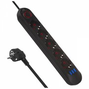 Maclean Listwa zasilająca MCE395 B 5 gniazd 3xUSB, 110-240V AC 50/60Hz, 2.1A max 2500W, czarna ALMCLZAMMCE395B