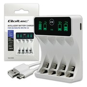 Qoltec Ładowarka do akumulatorków Ni-MH typu R03 AAA R6 AA | LCD | kabelUSB-C | Biała AZQOLLA00050848