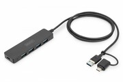 Digitus Hub USB 3.0/Koncentrator 4-portowy SlimLine USB A + adapter USB-C 1,2m 5Gbps, złącze zasilania USB-C NUASSUS4P000019