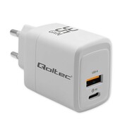 Qoltec Ładowarka sieciowa 35W GaN | 5-20V | 1.5-3A | 1xUSB-C PD | 1xUSB QC 3.0 | Biała AZQOLUL00051824